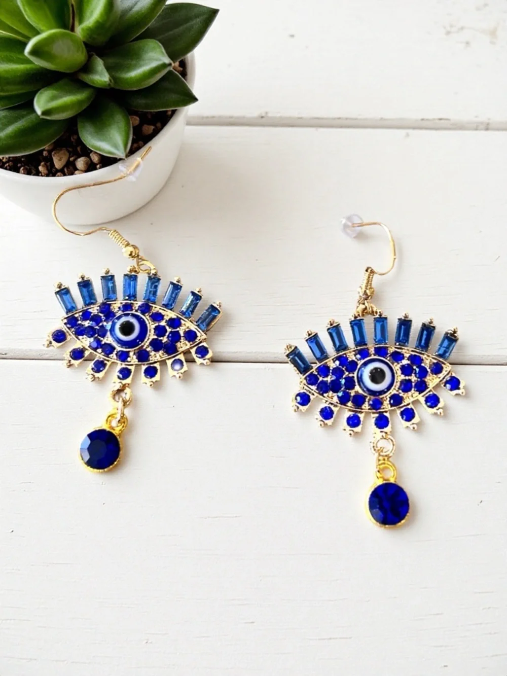 Gold-Tone Evil Eye Drop Earrings with Royal Blue Crystals - Women Jewelry